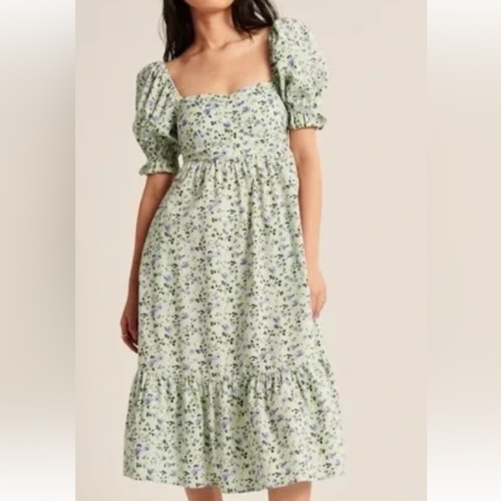 Abercrombie Fitch Puff Sleeve Midi/Maxi Dress Size XL Green Blue Smocked